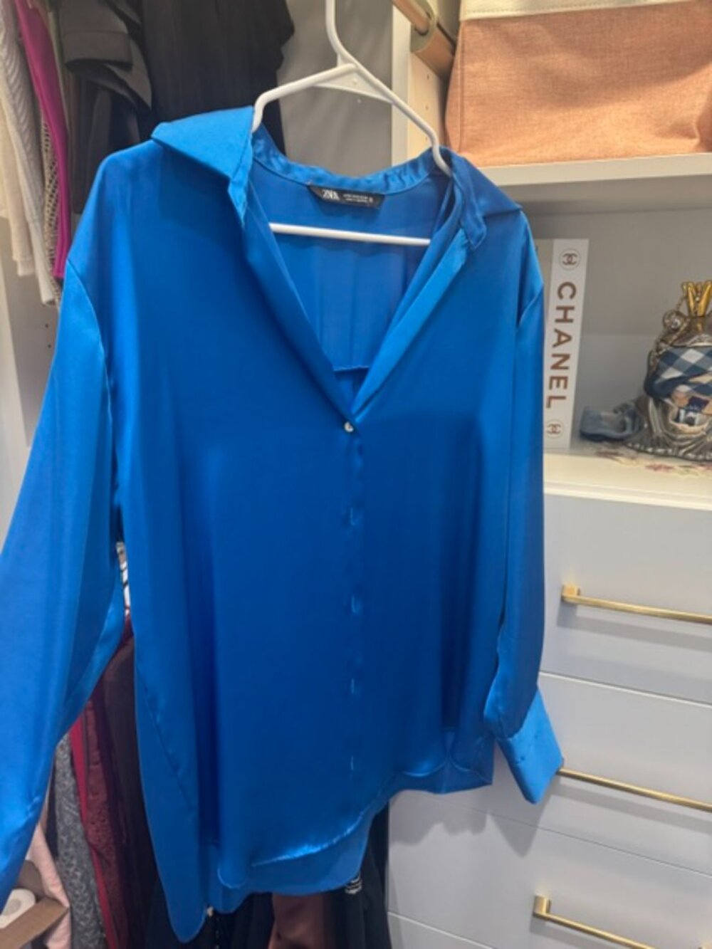 Zara Satin Button Down Blouse – Electric Blue – Size Medium